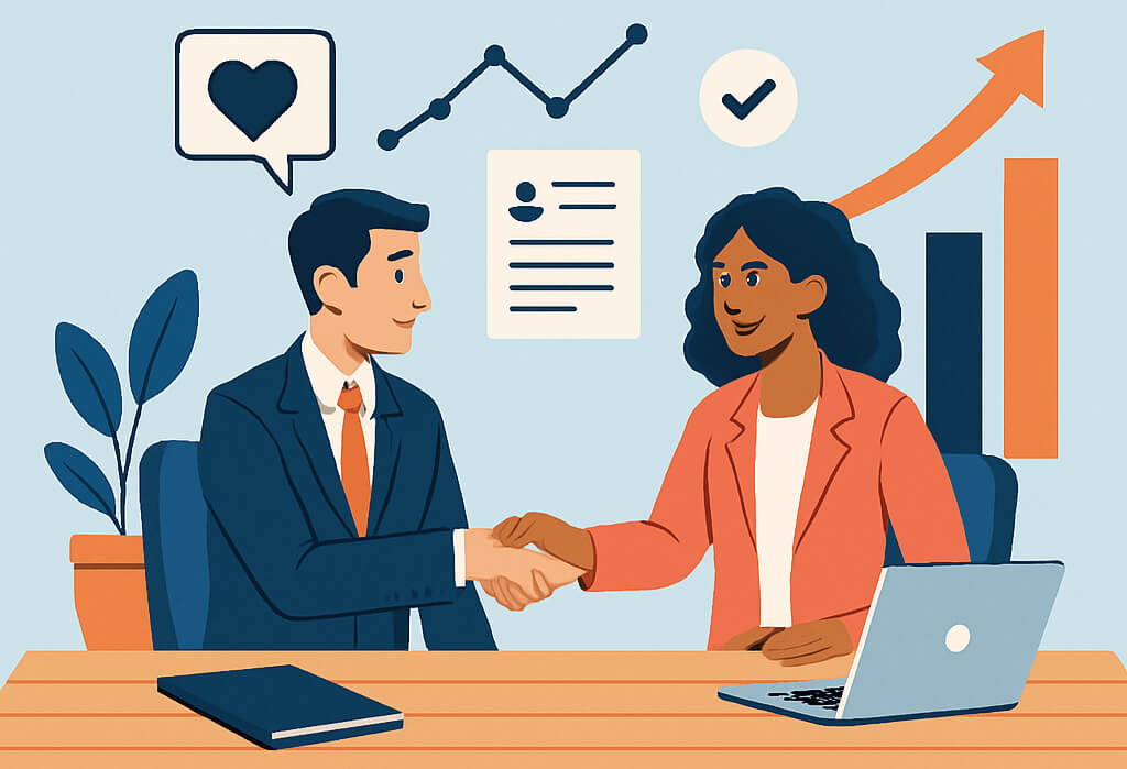 Two professionals shaking hands representing strengthened payroll client relationships through feedback
